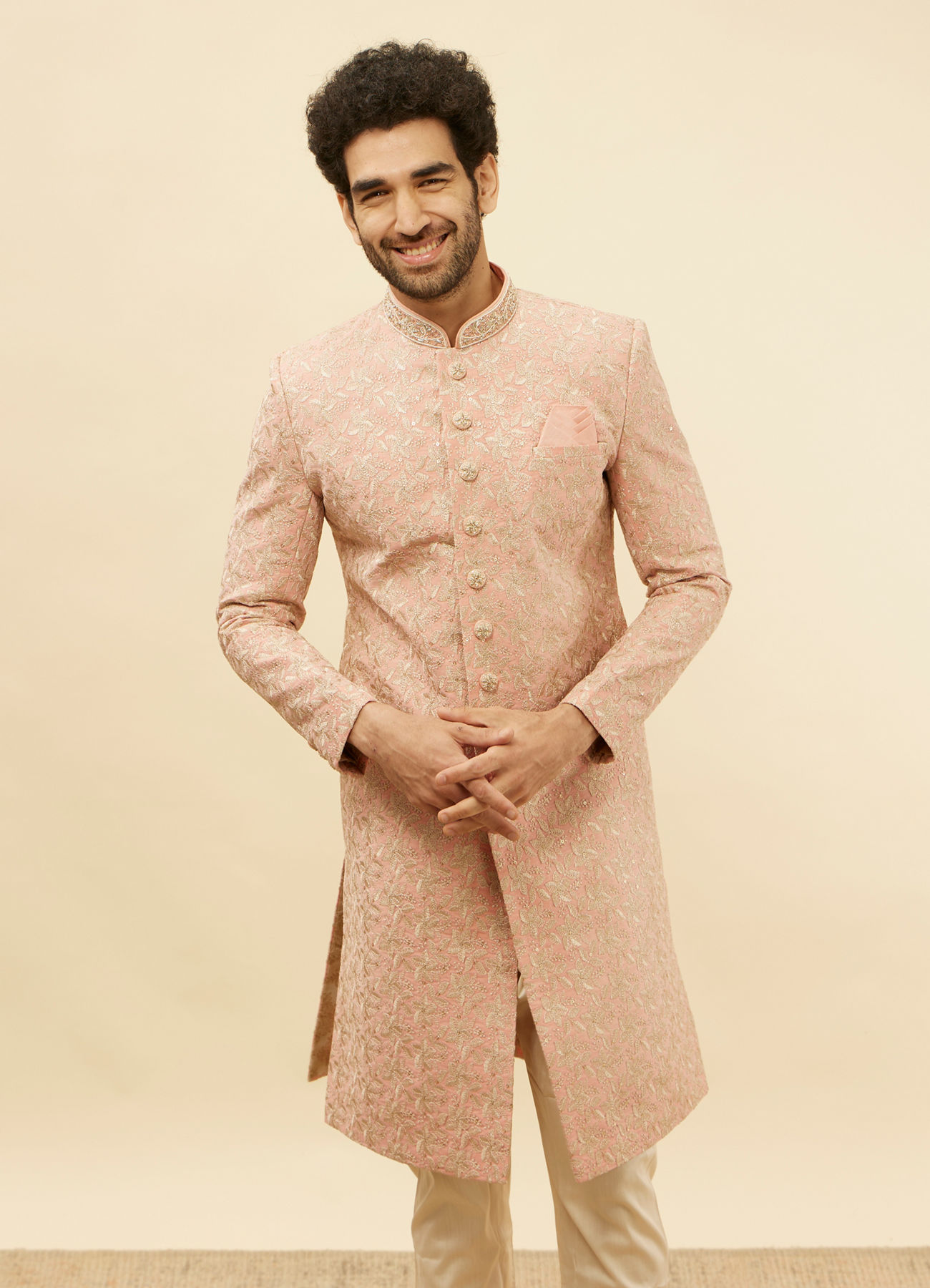 Manyavar Men Conch Shell Pink Floral Patterned Sherwani Set