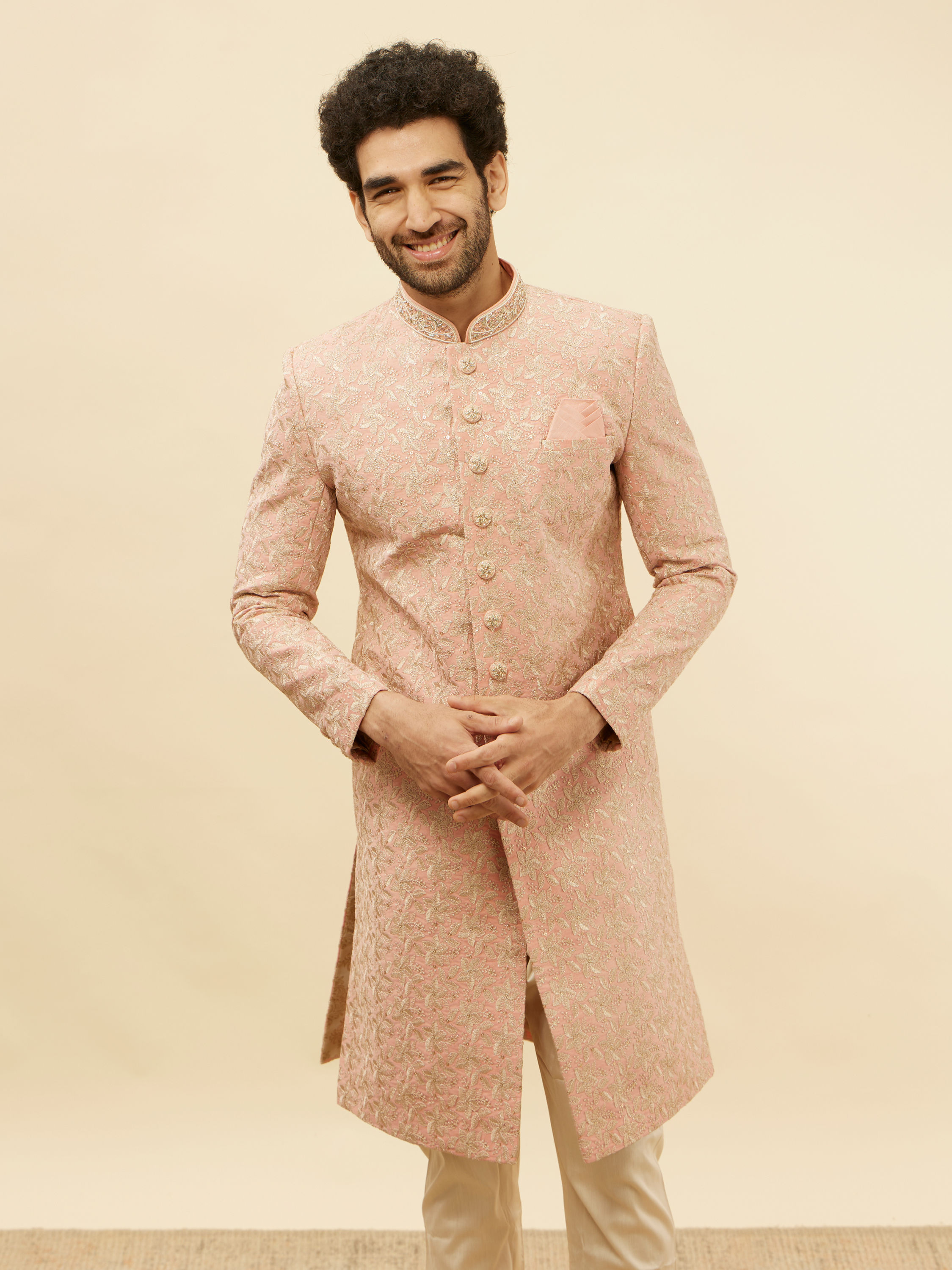 Manyavar Men Conch Shell Pink Floral Patterned Sherwani Set