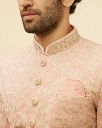 Manyavar Men Conch Shell Pink Floral Patterned Sherwani Set