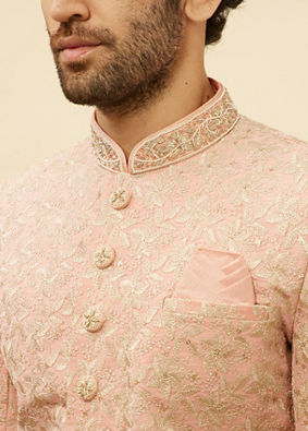 alt message - Manyavar Men Conch Shell Pink Floral Patterned Sherwani Set image number 1