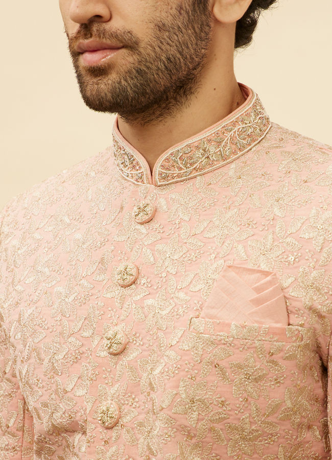 alt message - Manyavar Men Conch Shell Pink Floral Patterned Sherwani Set image number 1