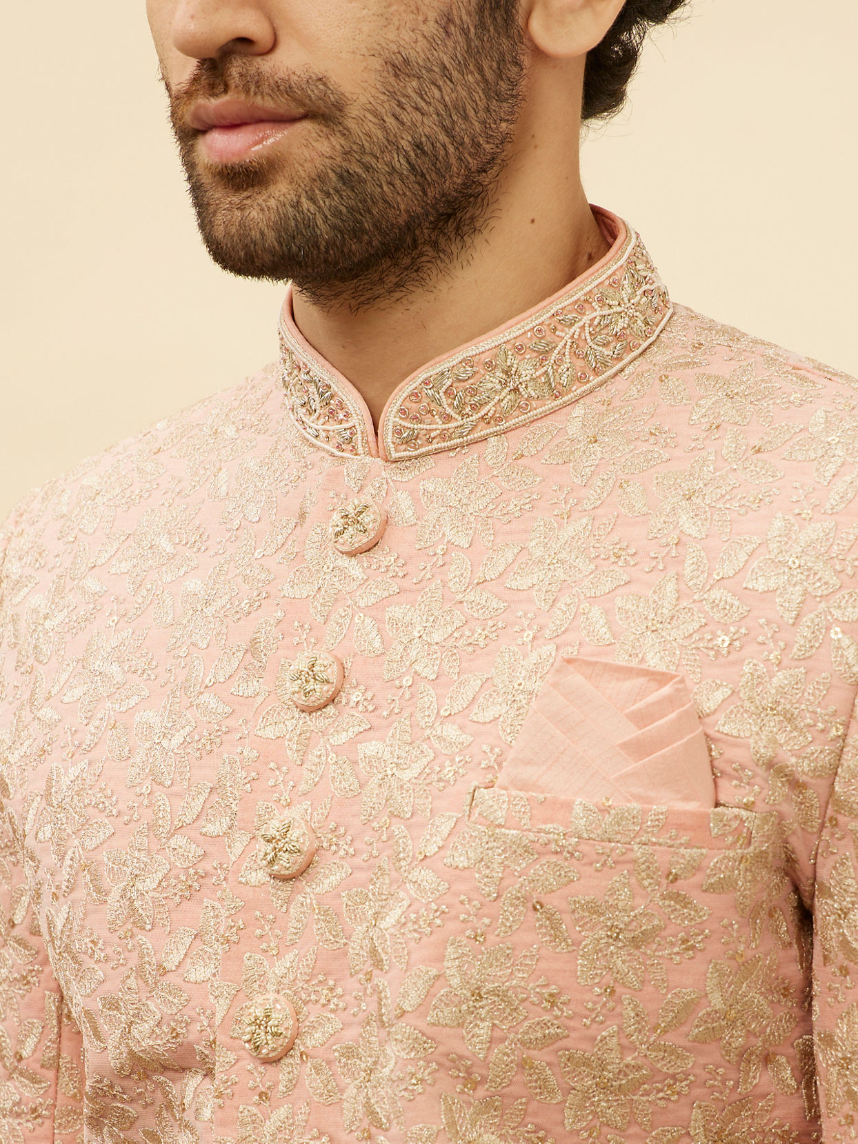 alt message - Manyavar Men Conch Shell Pink Floral Patterned Sherwani Set image number 1