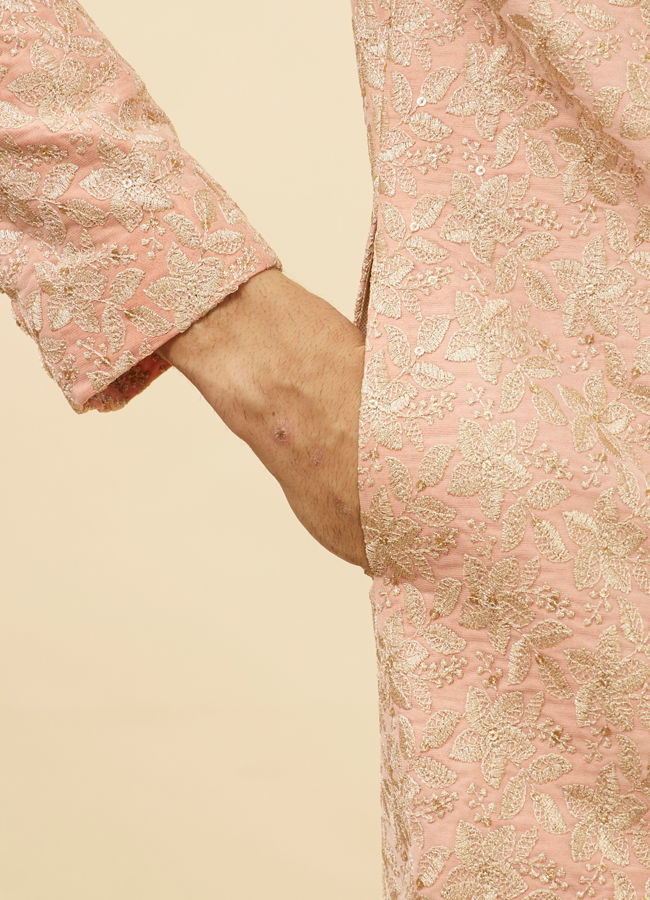 Manyavar Men Conch Shell Pink Floral Patterned Sherwani Set