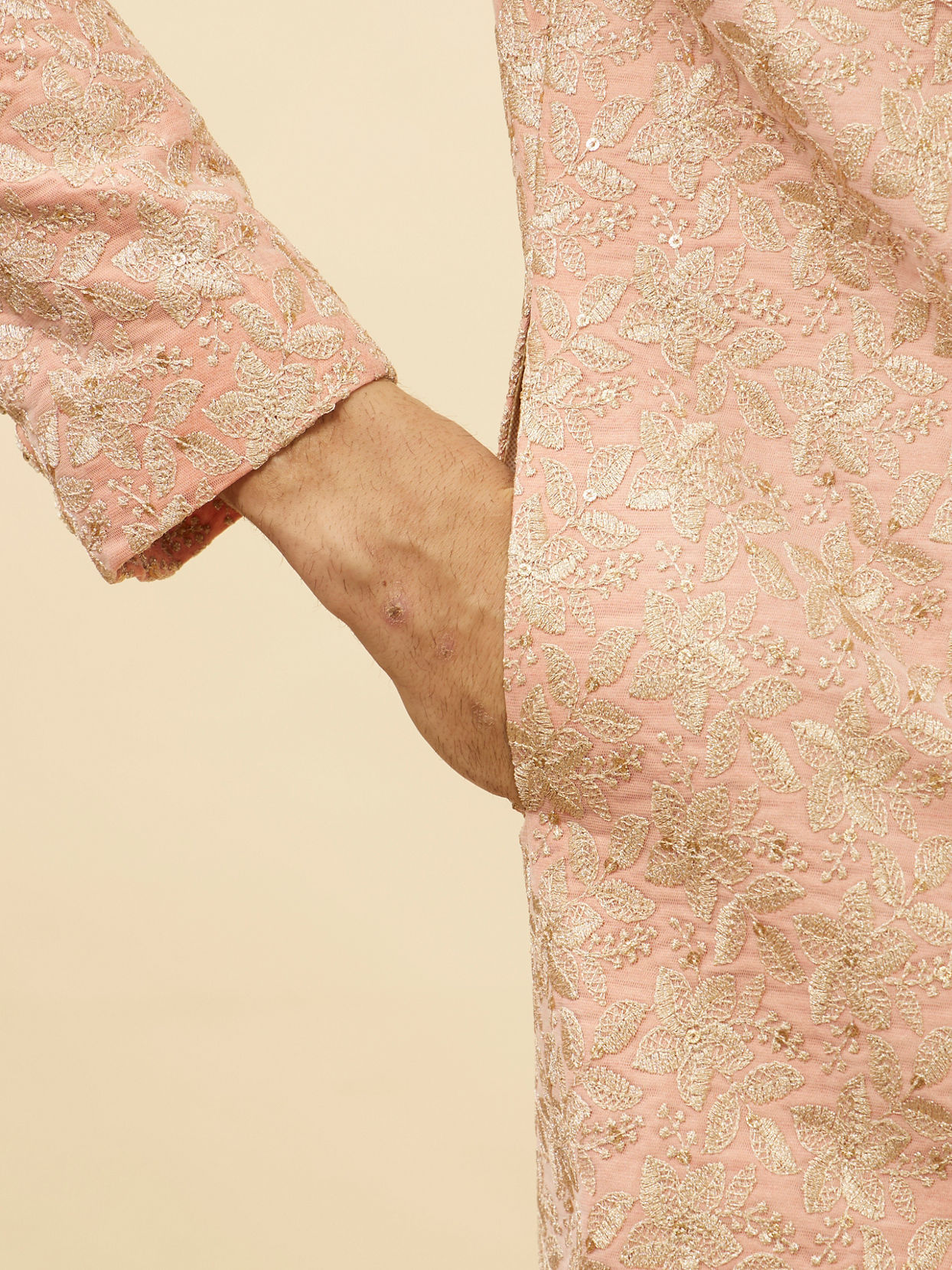 Manyavar Men Conch Shell Pink Floral Patterned Sherwani Set