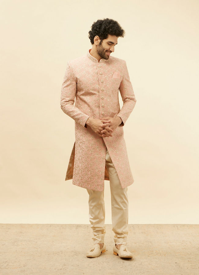 Manyavar Men Conch Shell Pink Floral Patterned Sherwani Set