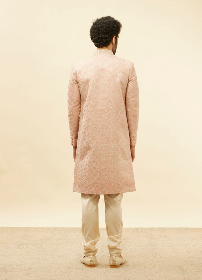 Manyavar Men Conch Shell Pink Floral Patterned Sherwani Set