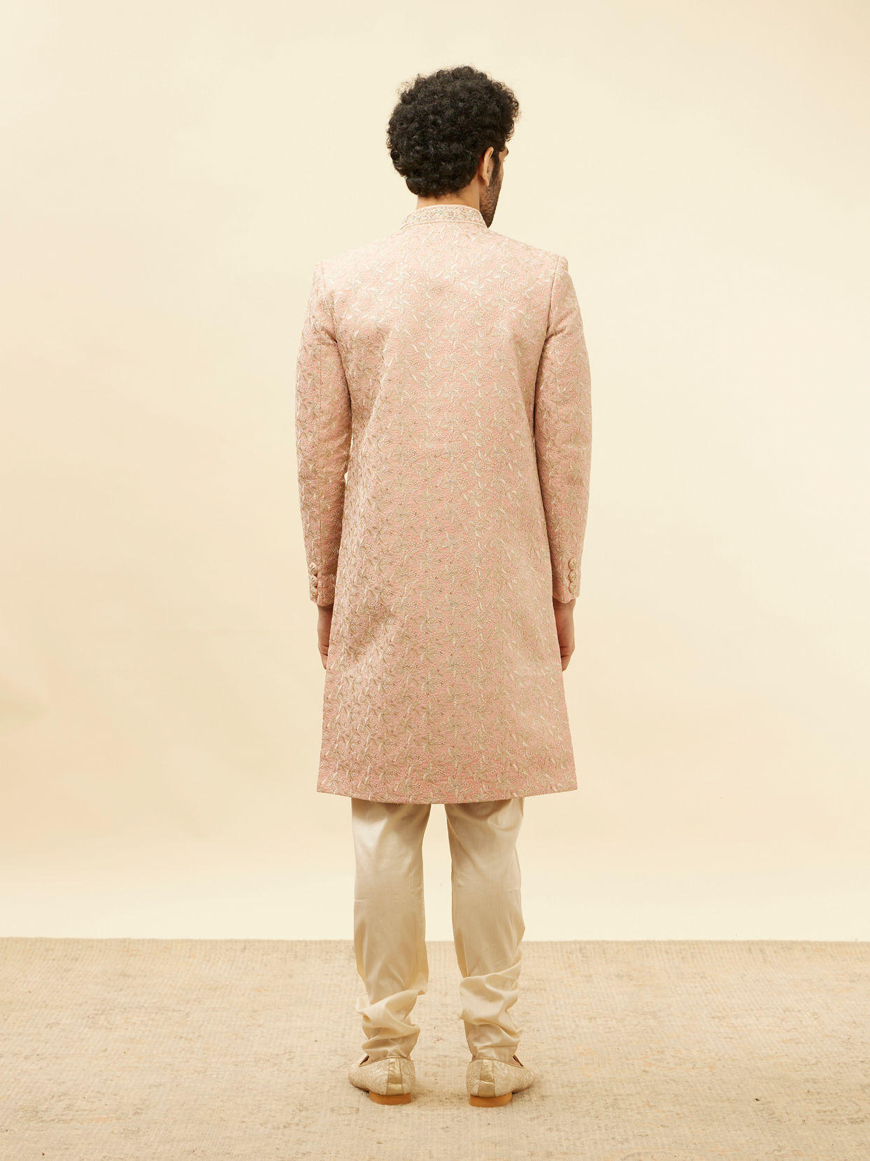 Manyavar Men Conch Shell Pink Floral Patterned Sherwani Set