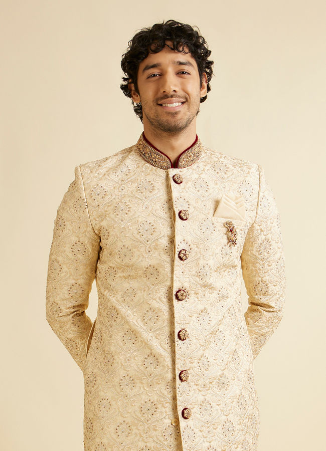 alt message - Manyavar Men Beige Embellished Sherwani image number 0