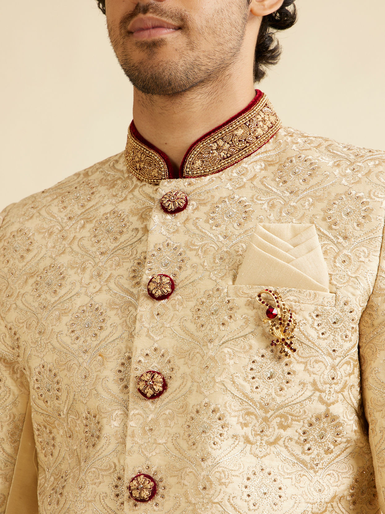 alt message - Manyavar Men Beige Embellished Sherwani image number 1