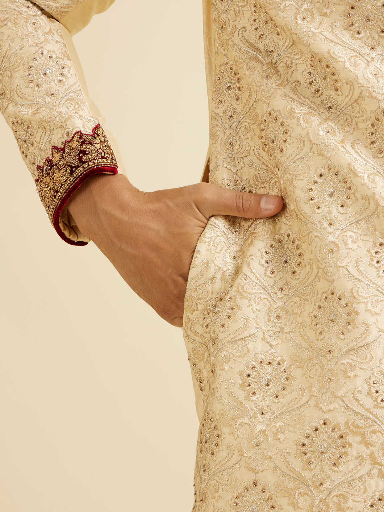 alt message - Manyavar Men Beige Embellished Sherwani image number 3