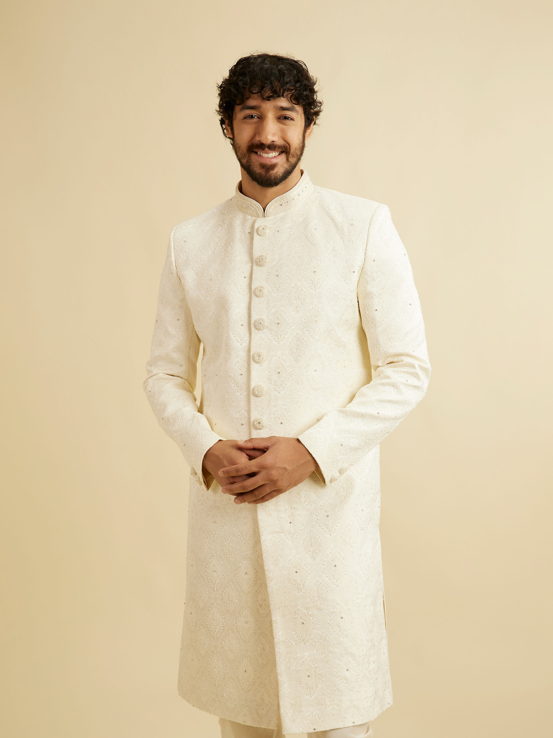 Manyavar Men Warm White Medallion Patterned Sherwani Set