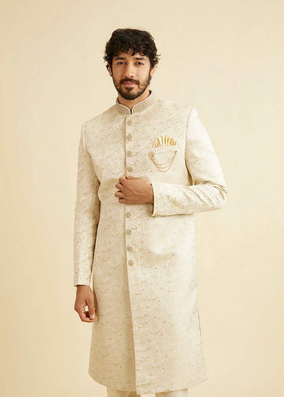 Manyavar Men Shell White Paisley Patterned Sherwani Set