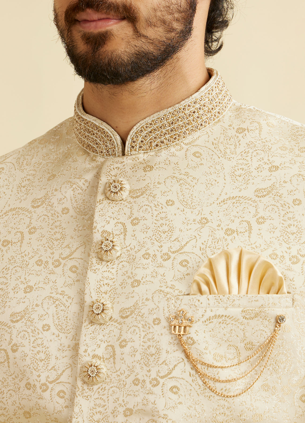 Manyavar Men Shell White Paisley Patterned Sherwani Set