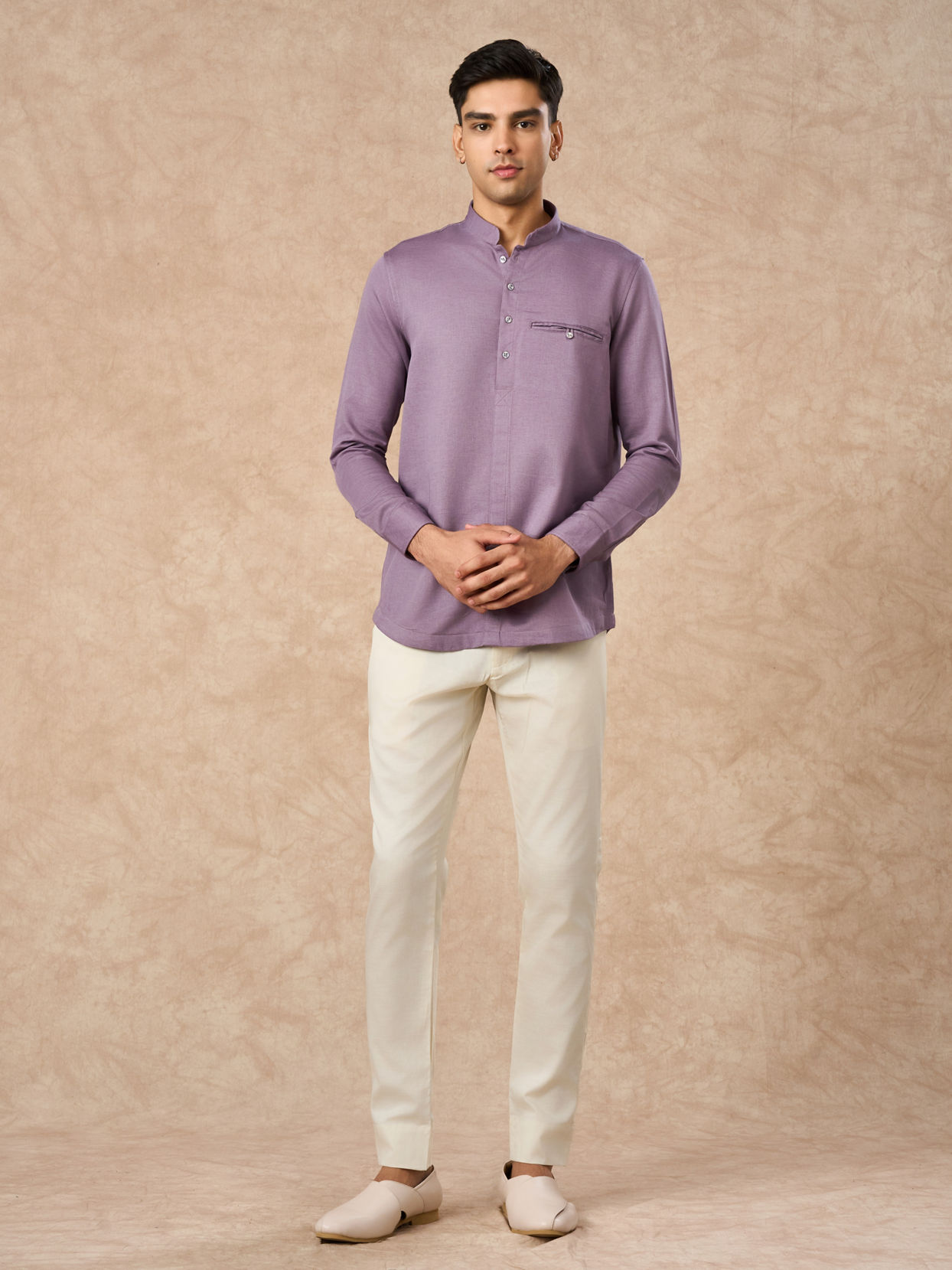 Manyavar Men Purple Cotton Short Kurta