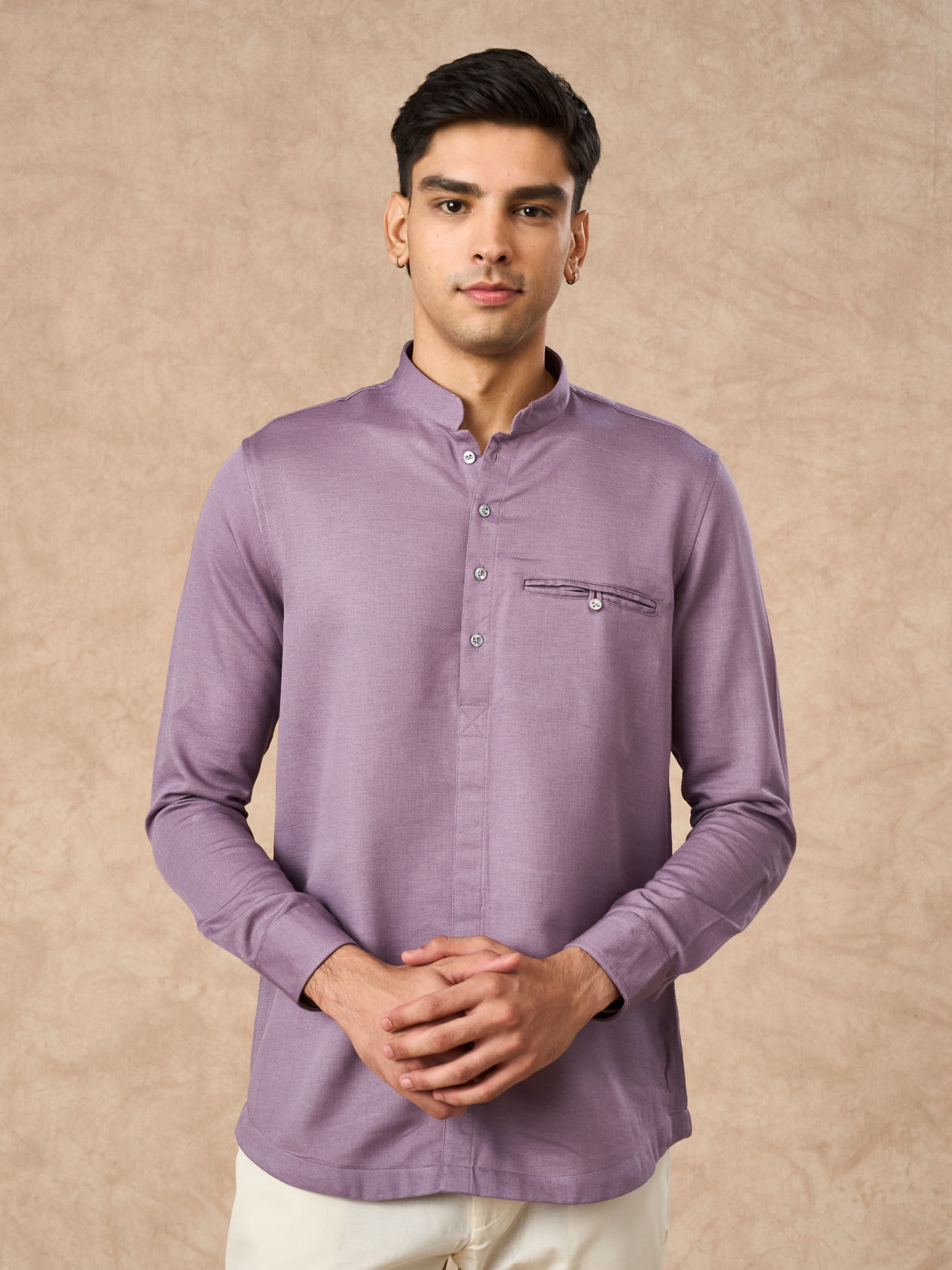 Manyavar Men Purple Cotton Short Kurta
