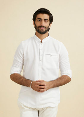 Manyavar Men Lustrous White Cotton Short Kurta