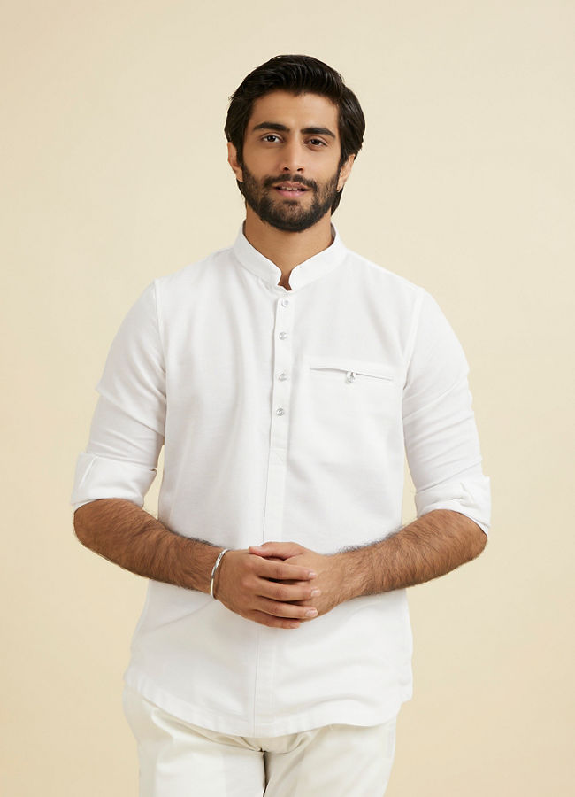 Manyavar Men Lustrous White Cotton Short Kurta