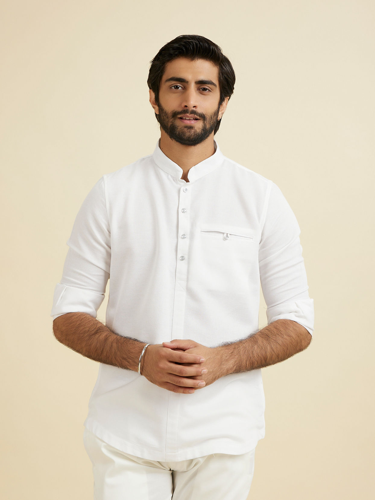 Manyavar Men Lustrous White Cotton Short Kurta