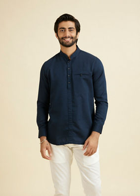 Manyavar Men Lustrous Dark Blue Cotton Short Kurta