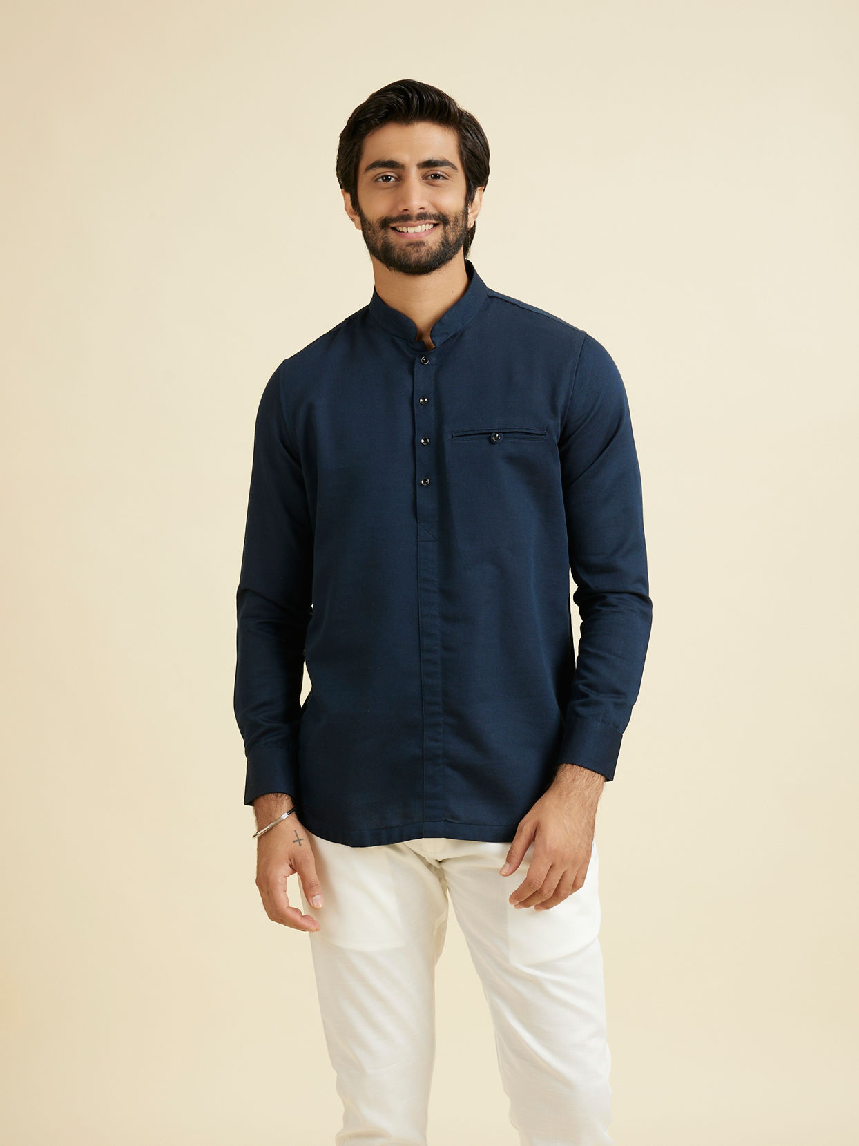 Manyavar Men Lustrous Dark Blue Cotton Short Kurta
