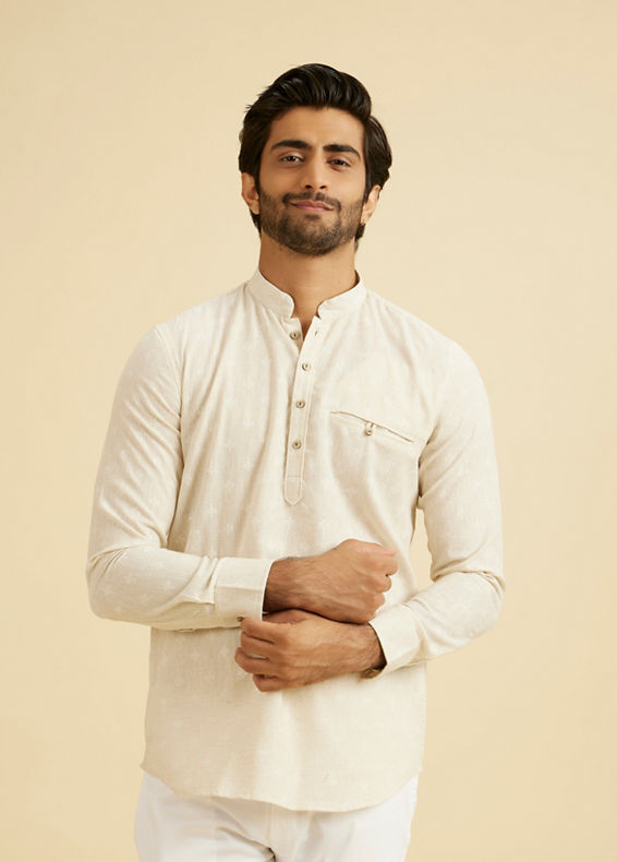 Manyavar Men Exquisite Cream Linen Kurta