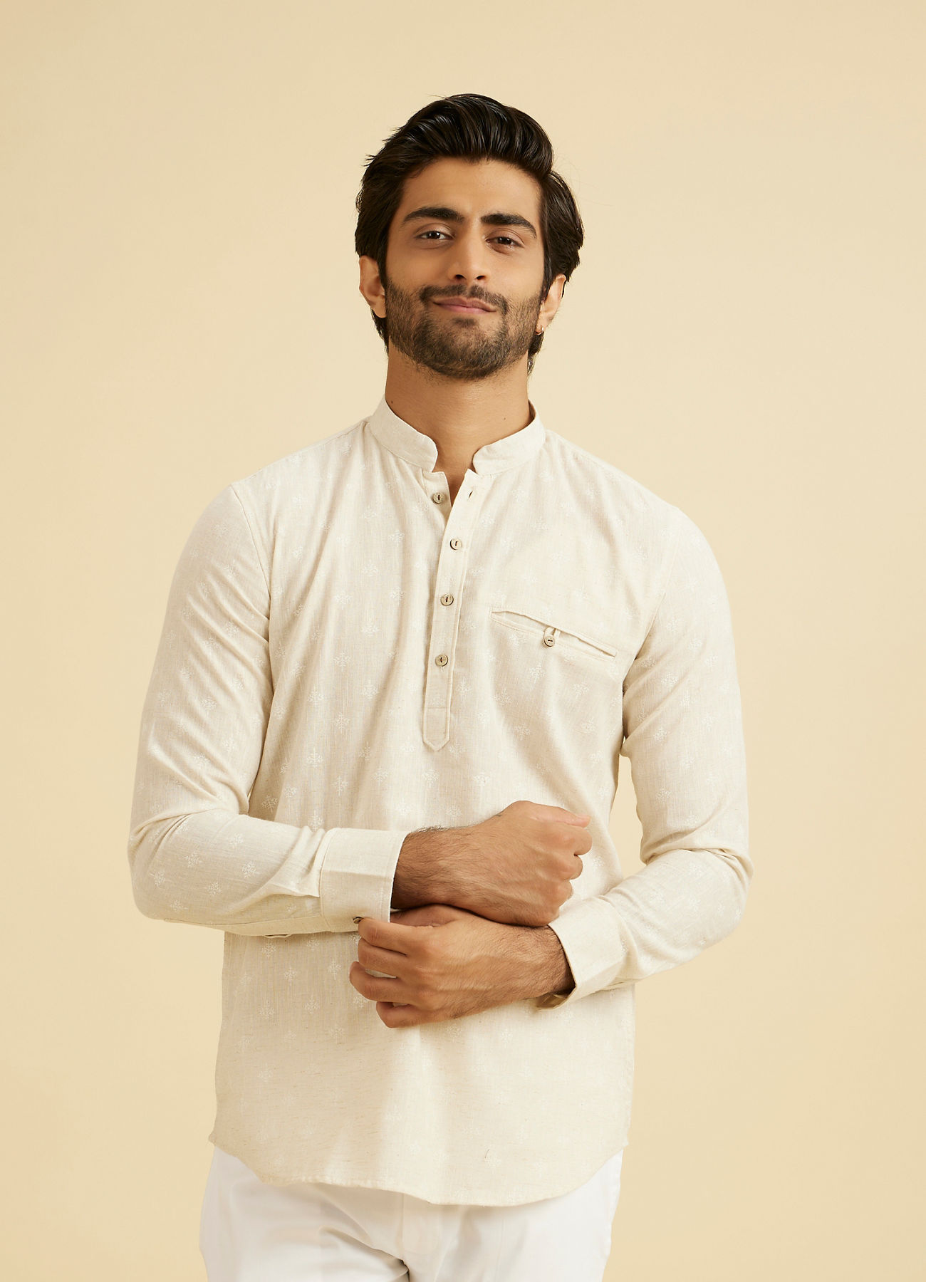 Manyavar Men Exquisite Cream Linen Kurta