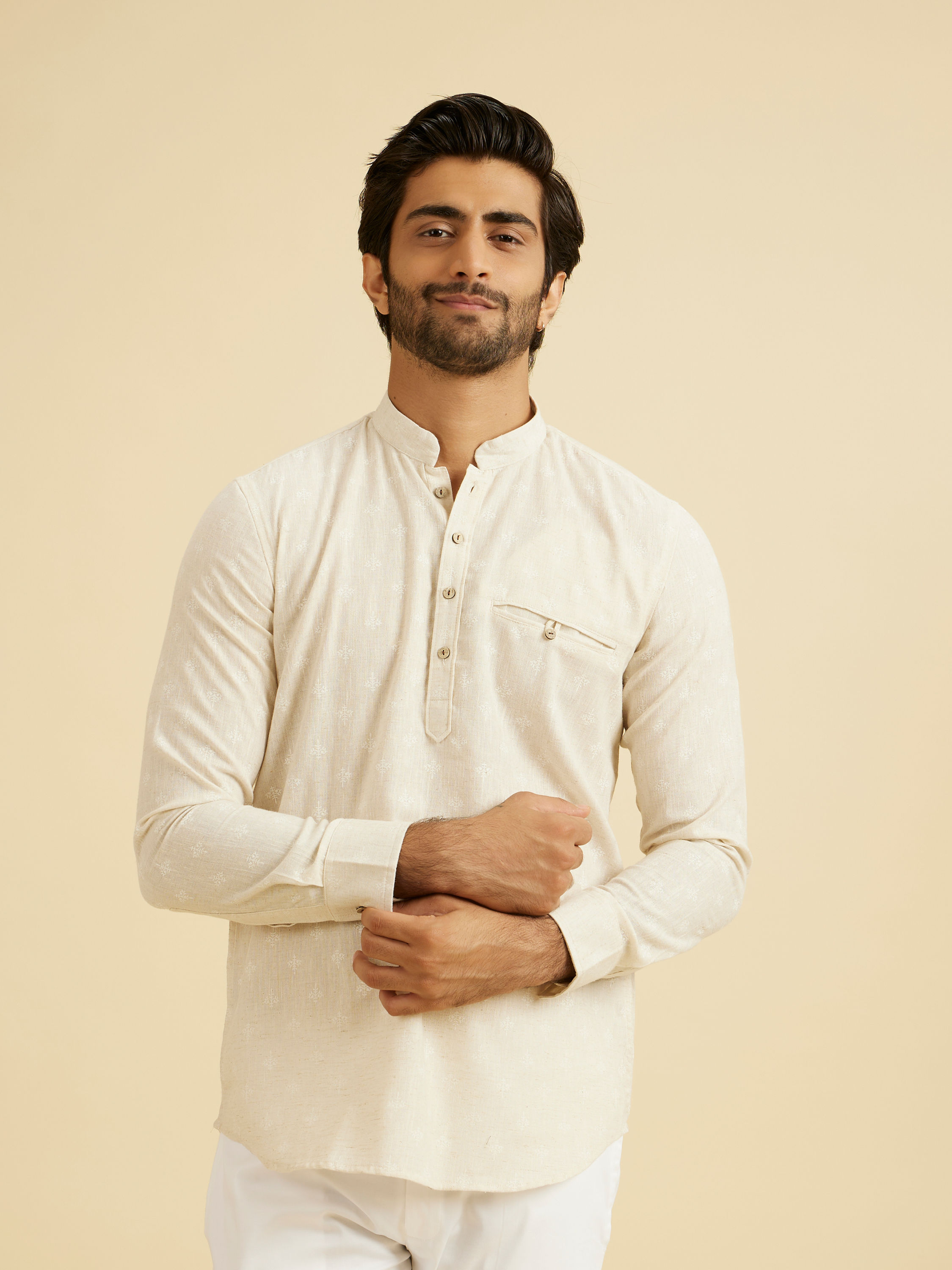 Manyavar Men Exquisite Cream Linen Kurta