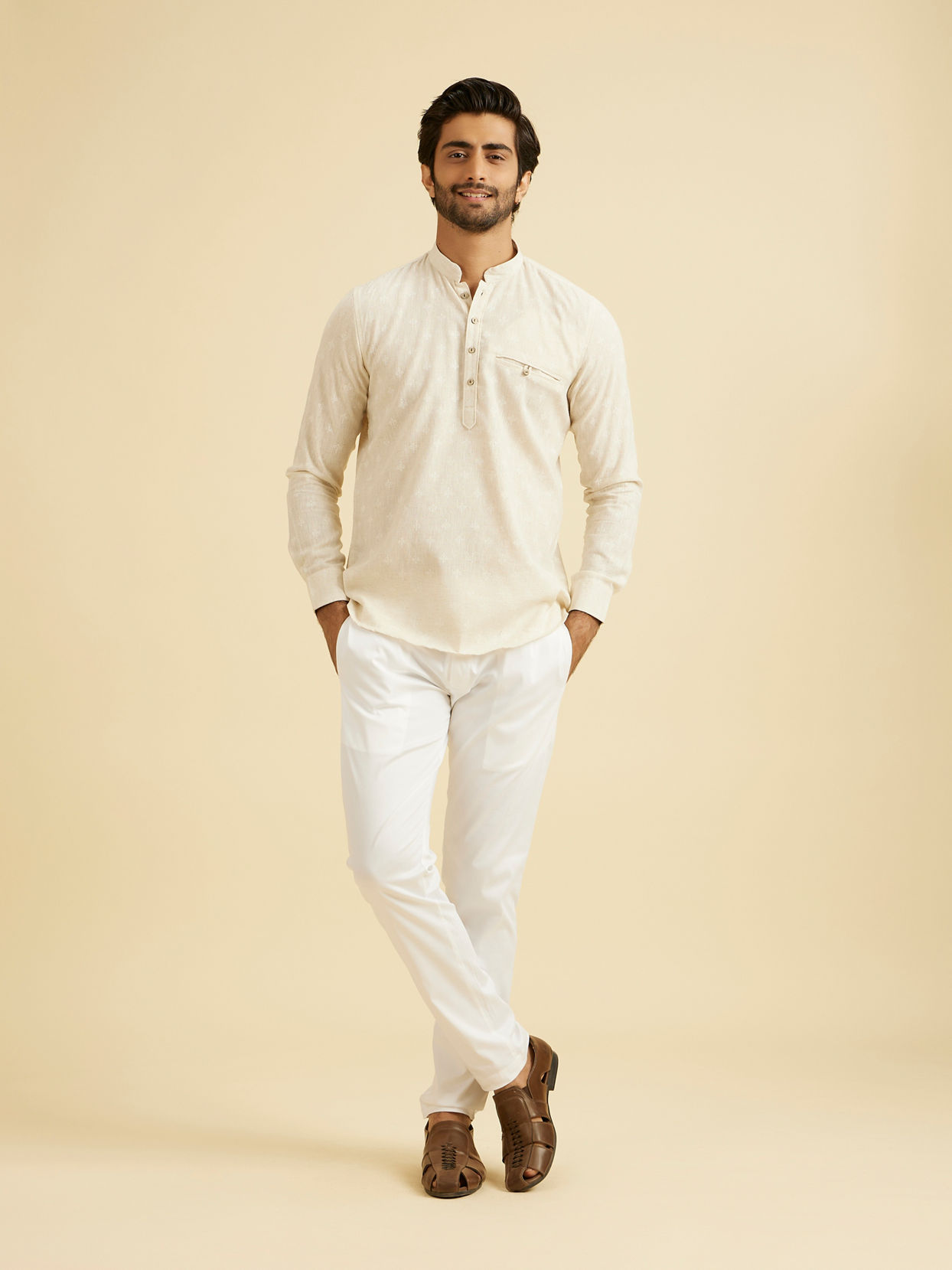 Manyavar Men Exquisite Cream Linen Kurta