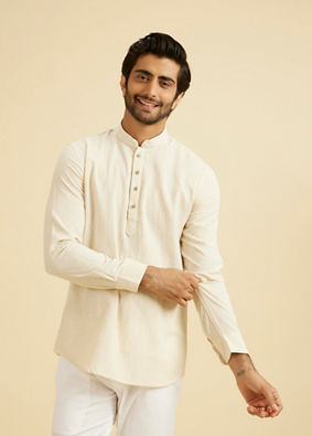 Manyavar Men Beige Linen Elegance Kurta