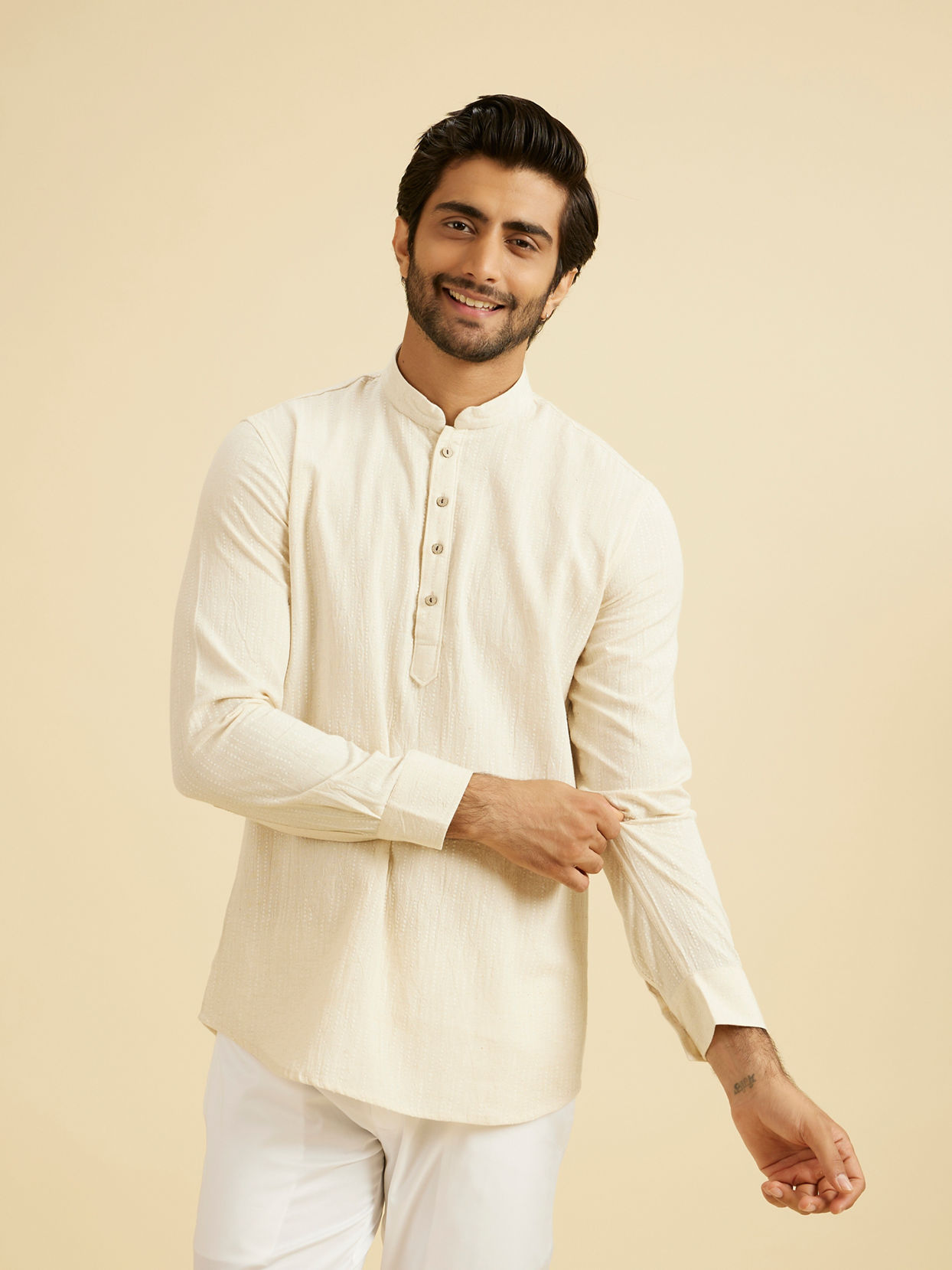 Manyavar Men Beige Linen Elegance Kurta