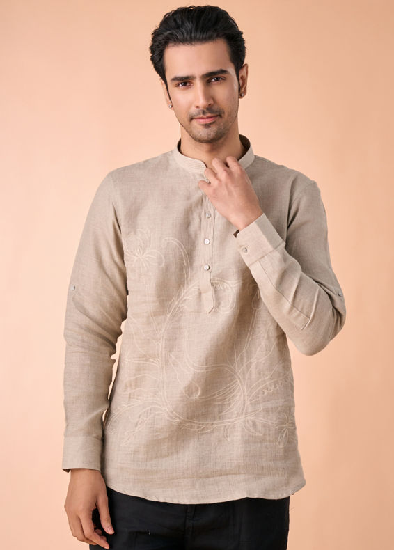 Manyavar Men Elegant Beige Linen Short Kurta