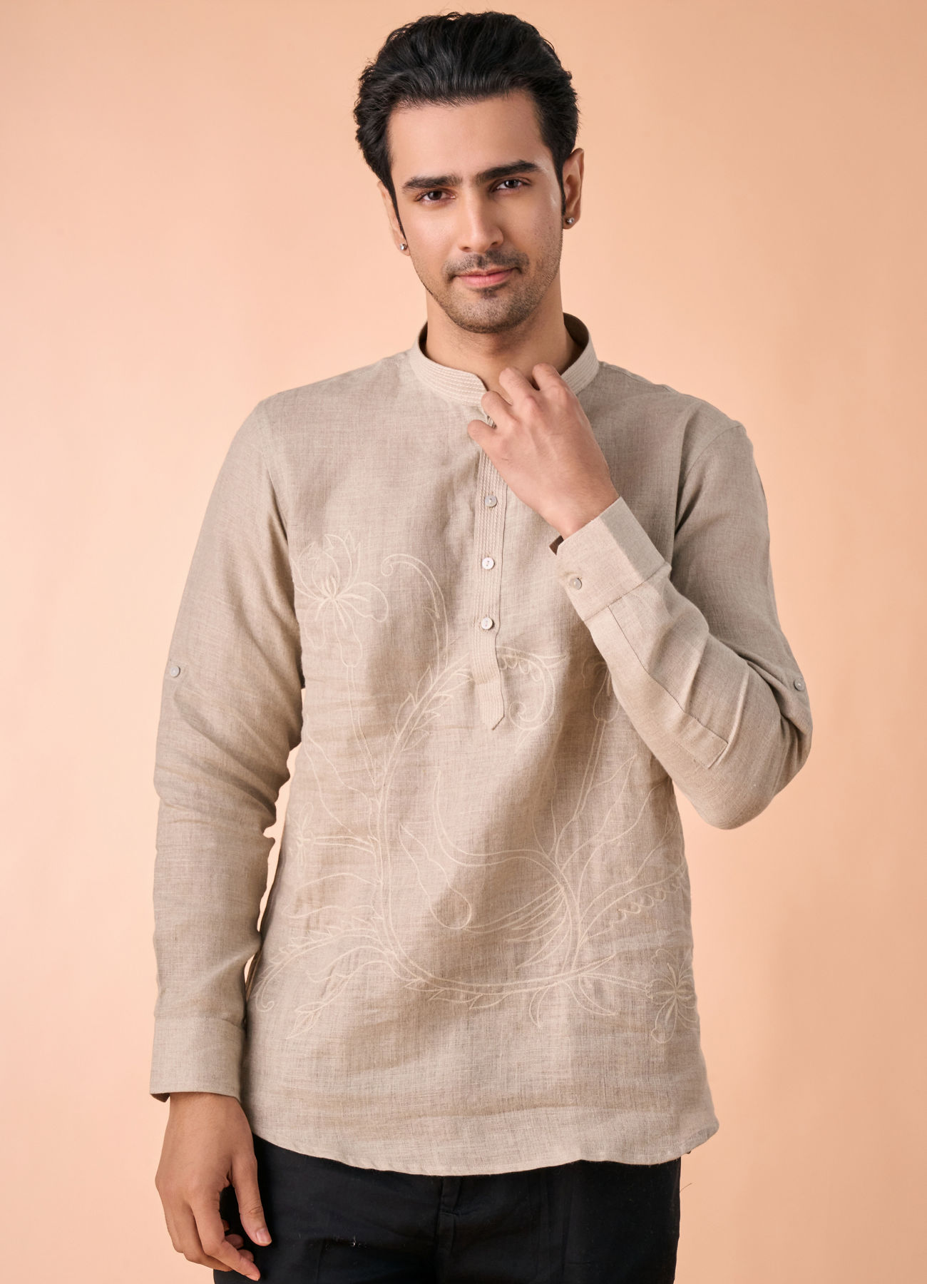 Manyavar Men Elegant Beige Linen Short Kurta