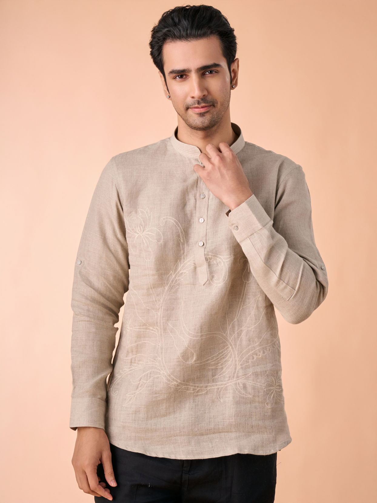 Manyavar Men Elegant Beige Linen Short Kurta