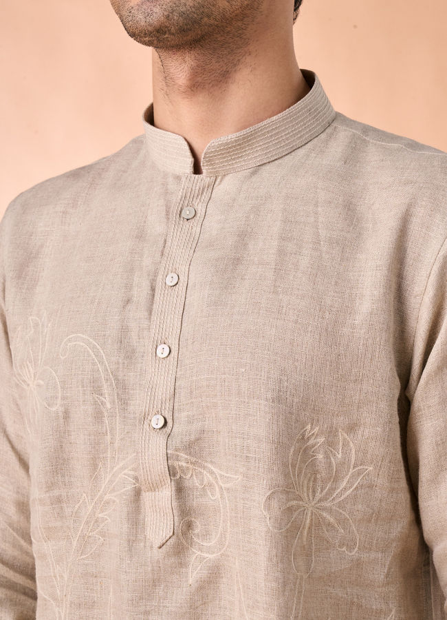 Manyavar Men Elegant Beige Linen Short Kurta