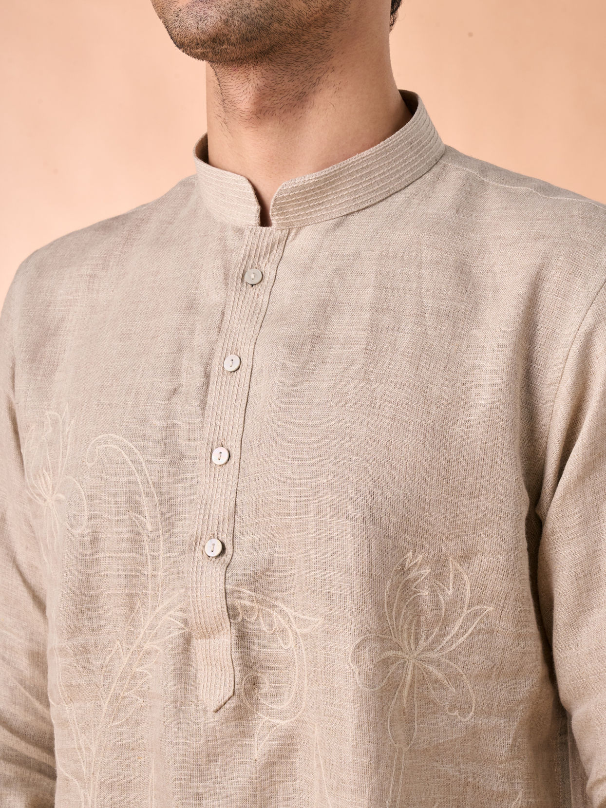 Manyavar Men Elegant Beige Linen Short Kurta