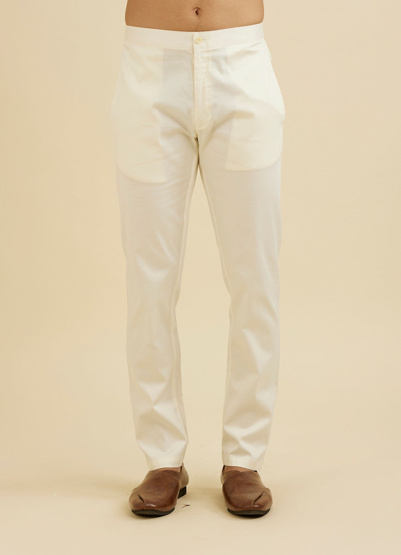 Manyavar Men Warm White Pencil Cut Trouser