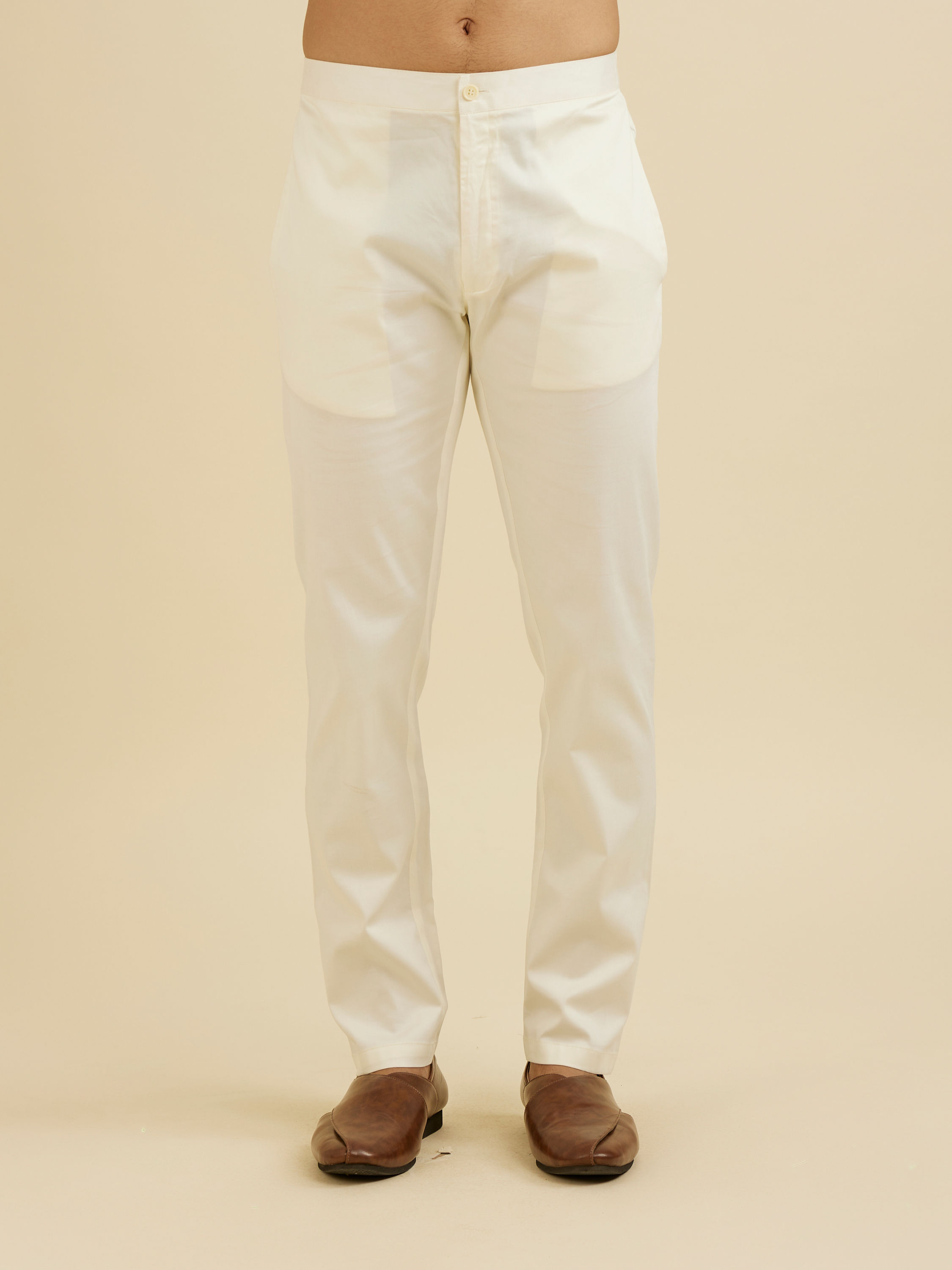 Manyavar Men Warm White Pencil Cut Trouser