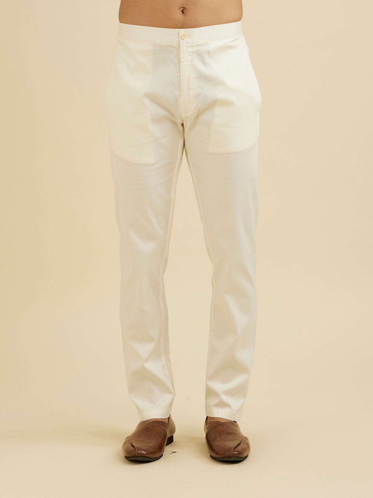 Manyavar Men Warm White Pencil Cut Trousers