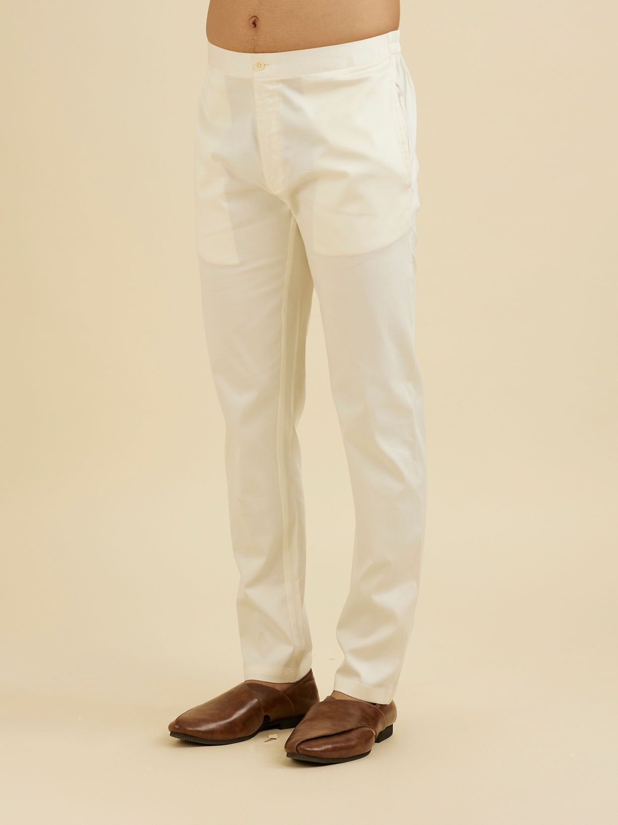 Manyavar Men Warm White Pencil Cut Trousers