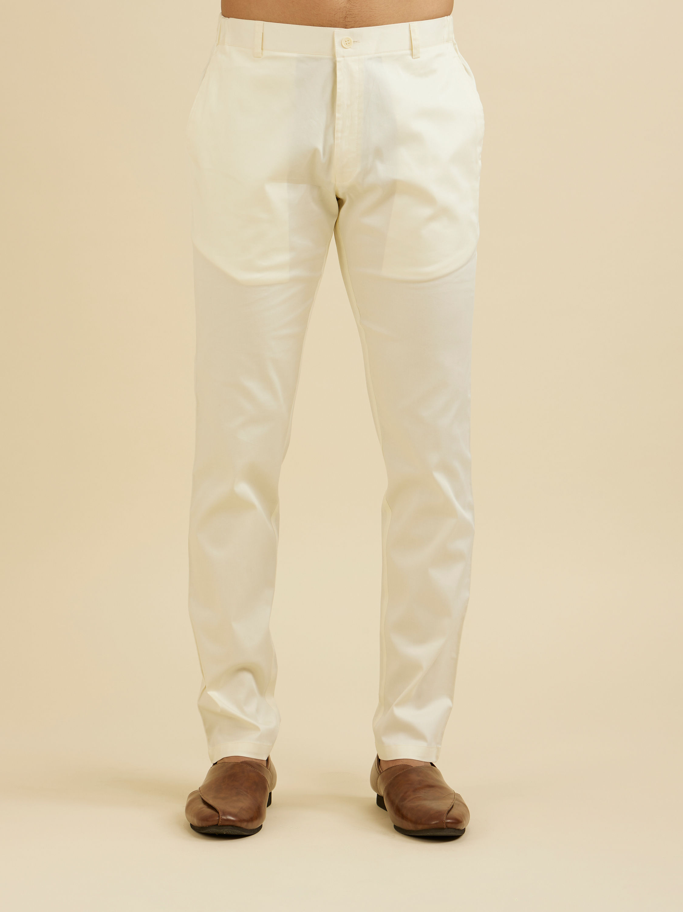 Manyavar Men Warm White Pencil Cut Trousers