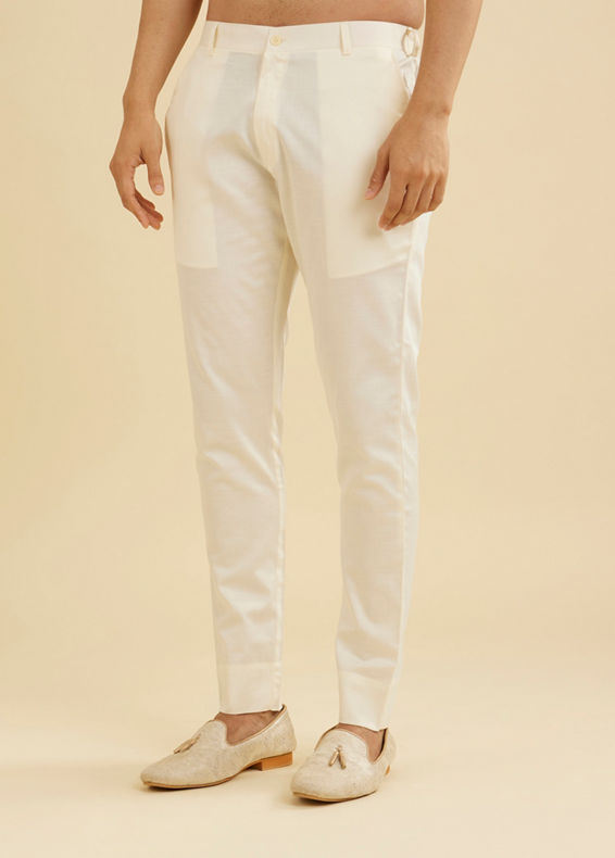 Manyavar Men Soft Cream Pencil Cut Trousers