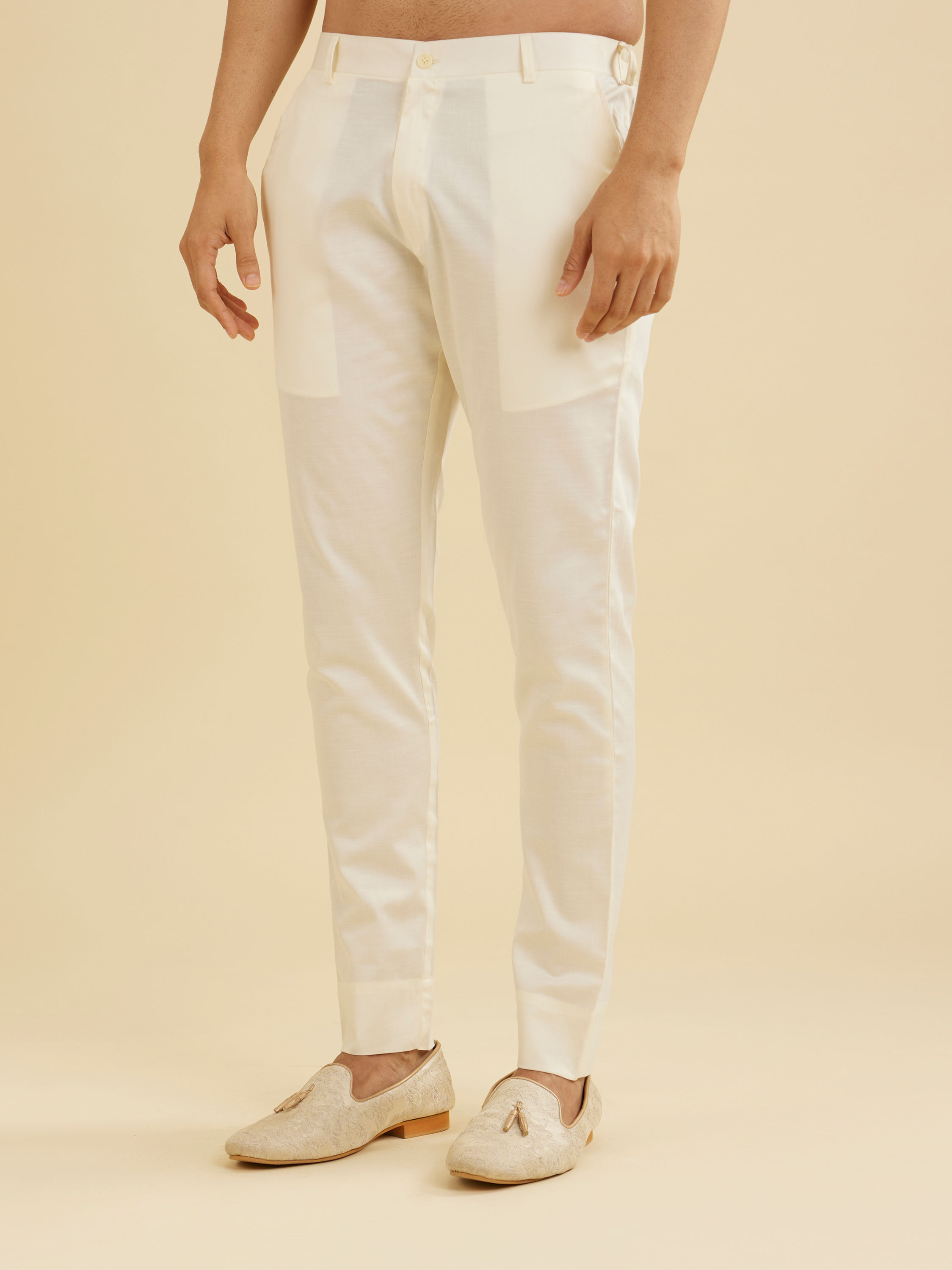 Manyavar Men Soft Cream Pencil Cut Trousers