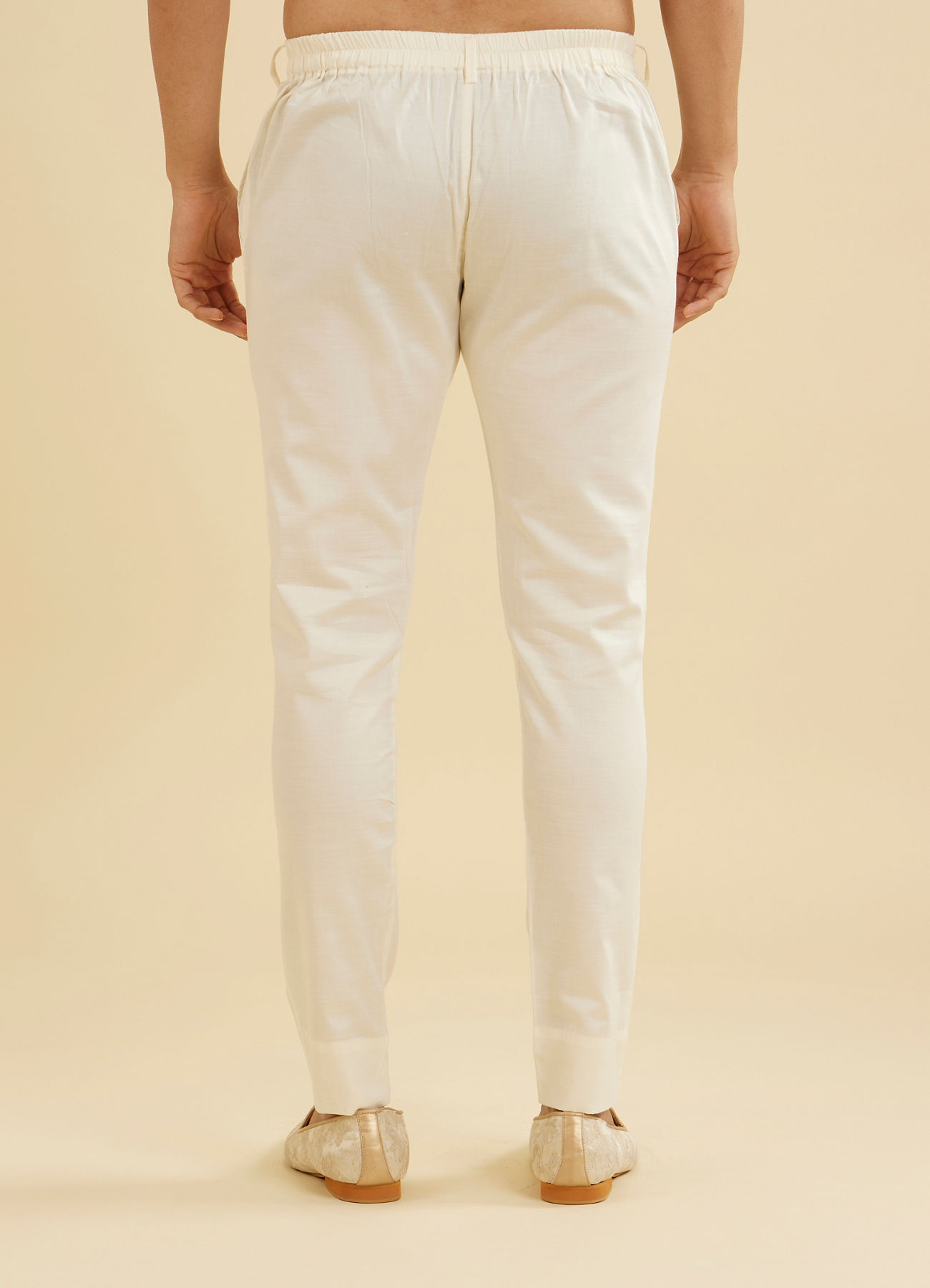 Manyavar Men Soft Cream Pencil Cut Trousers