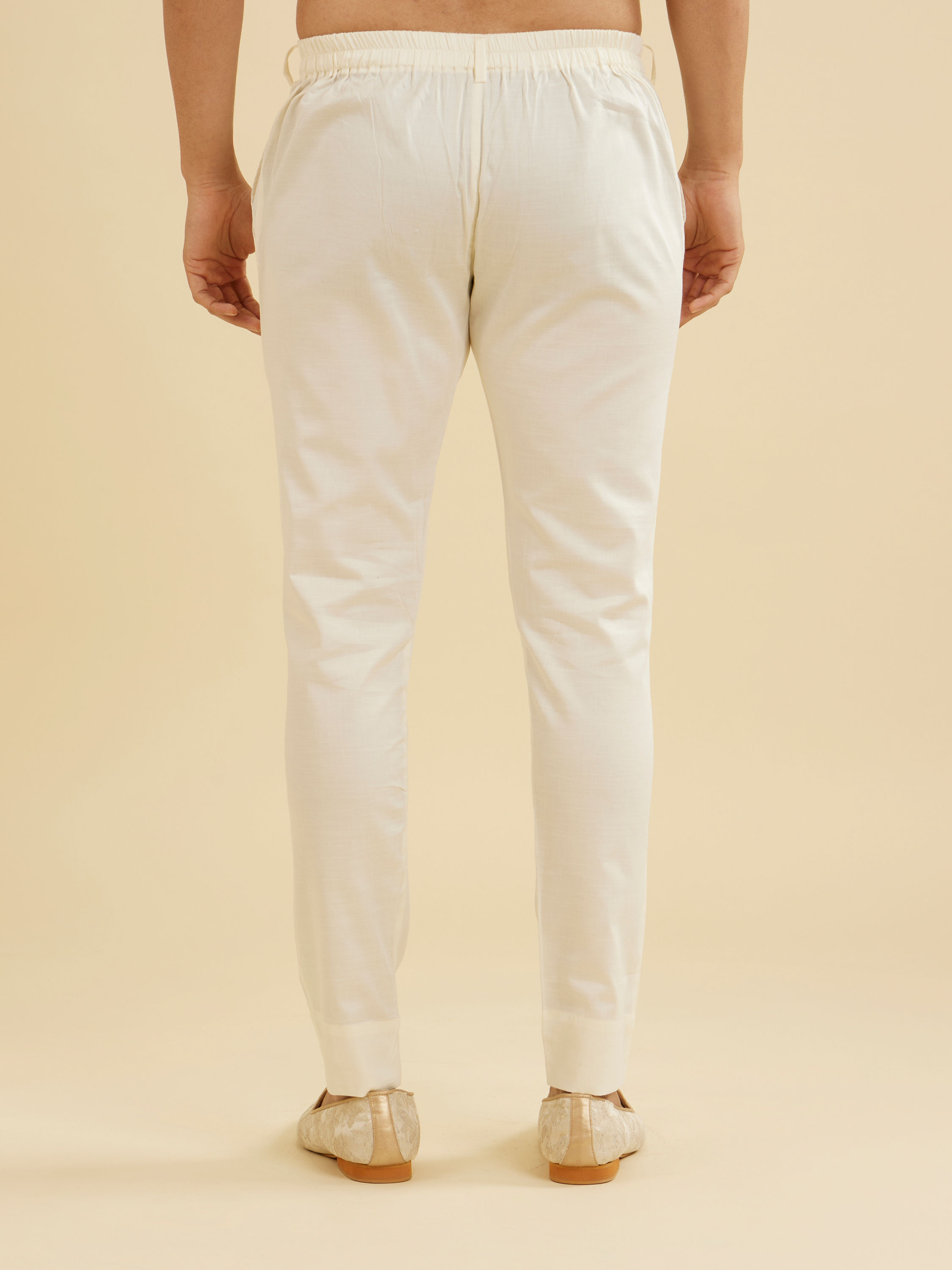 Manyavar Men Soft Cream Pencil Cut Trousers