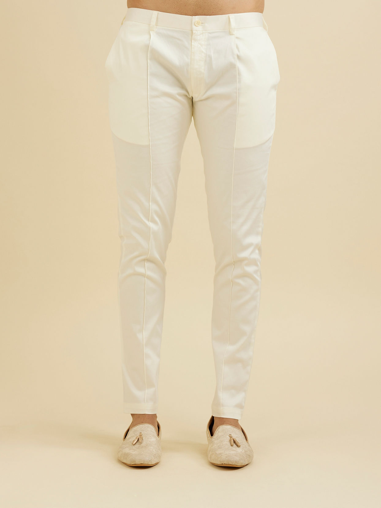 Manyavar Men Warm White Pencil Cut Trousers