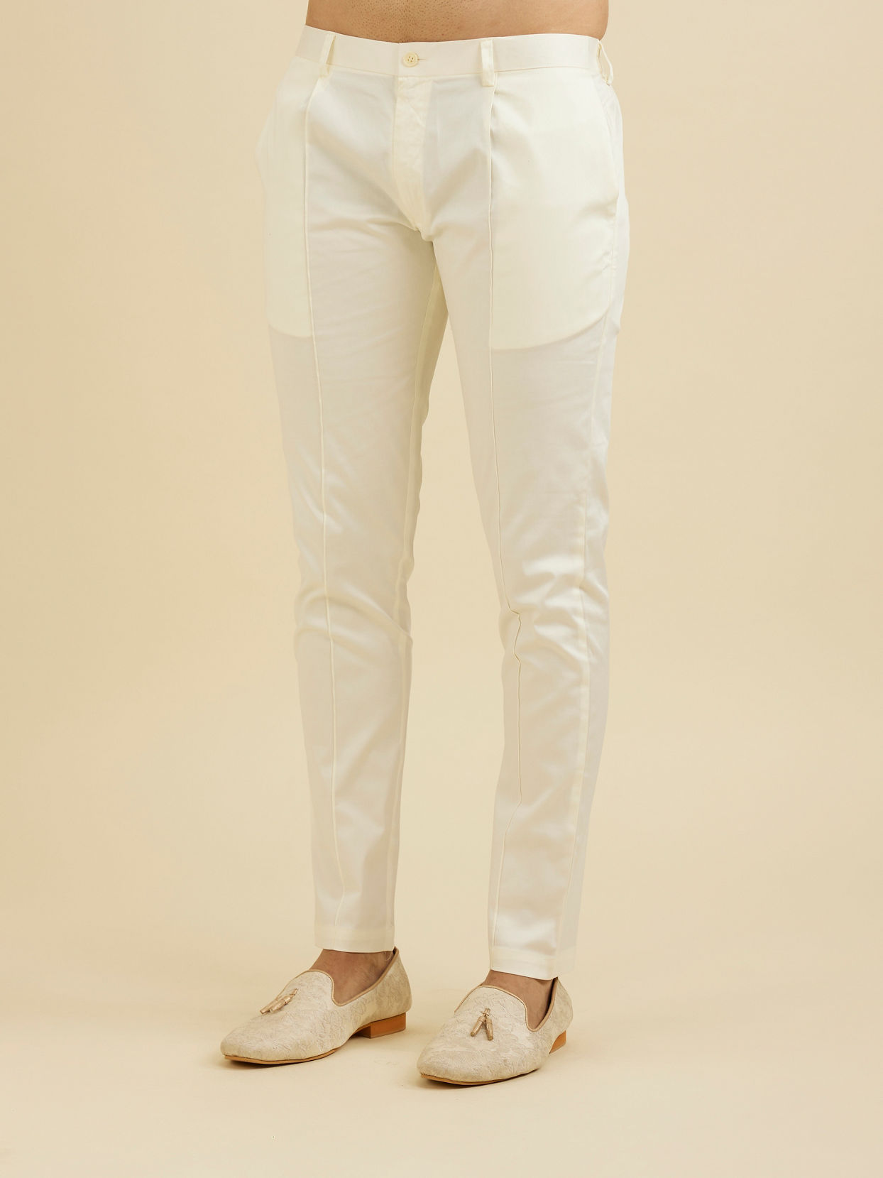 Manyavar Men Warm White Pencil Cut Trousers