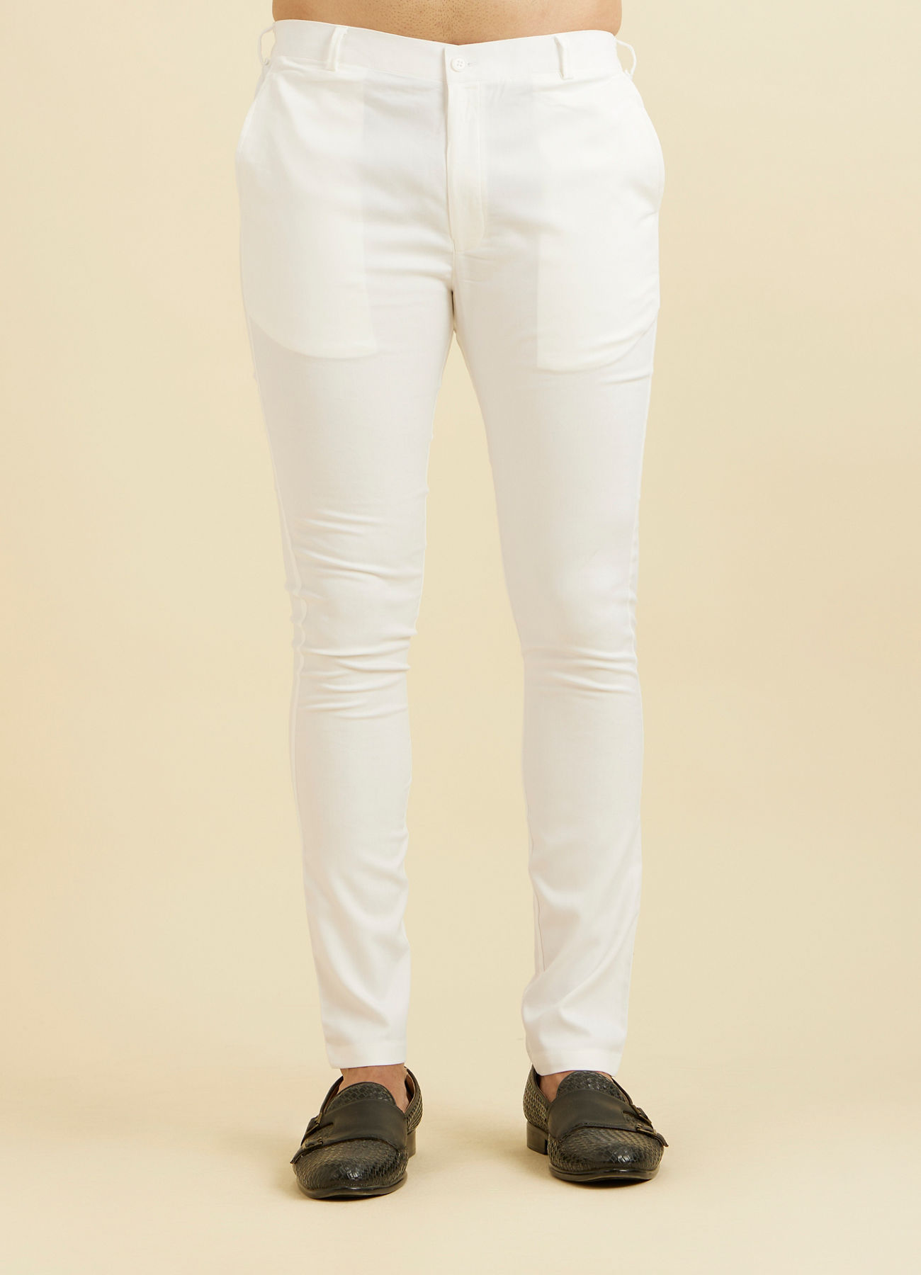 Manyavar Men Cloud White Pencil Cut Trousers