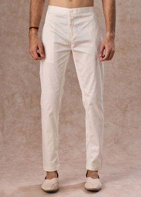 Manyavar Men Warm White Cotton Elegance Pant