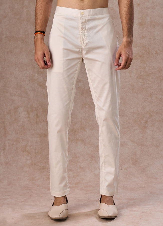 Manyavar Men Warm White Cotton Elegance Pant