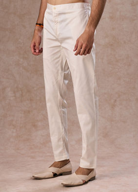 Manyavar Men Warm White Cotton Elegance Pant